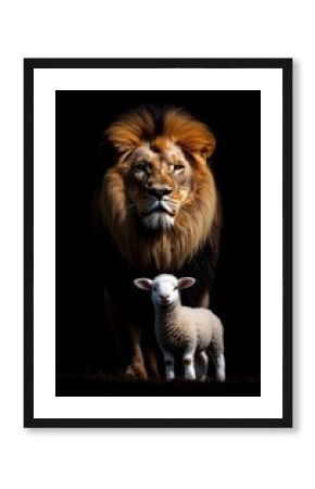 The Lion and the Lamb Symbolism of Power and Gentleness on a Striking Black Background