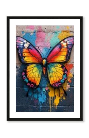 Colorful butterfly mural adorned with vibrant flowers on a blue wall in an urban setting