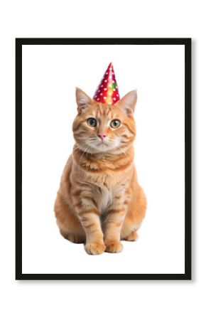 red cat wearing a colorful party hat,  isolated soft focus on the transparent background