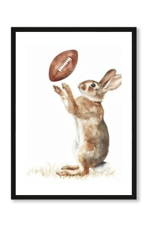 Rabbit catching football watercolor kangaroo mammal animal