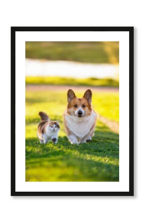 cute friends cat and dog corgi sitting in spring sunny garden on green grass