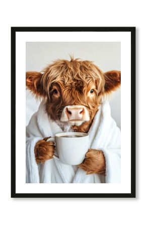 Highland cow in a bathrobe holding a cup of hot beverage, against a clean white background, combining rustic charm with humor and a cozy morning vibe