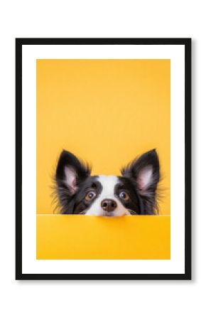Border collie dog with alert ears on a cute yellow background, playful pet looking curious