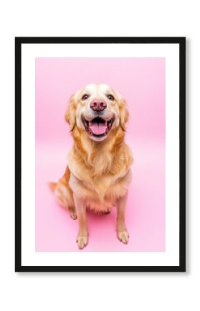 Golden Retriever dog with happy smile on pink background, cute furry companion in joyful portrait