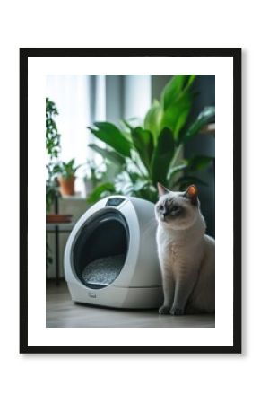 A modern, automatic litter box for cats indoors. The device ensures cleanliness and hygiene while taking up less space than a traditional outdoor litter tray.