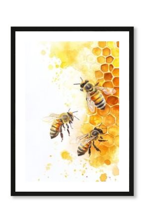 Honey bees and golden honeycombs Watercolor illustration for decor logo branding