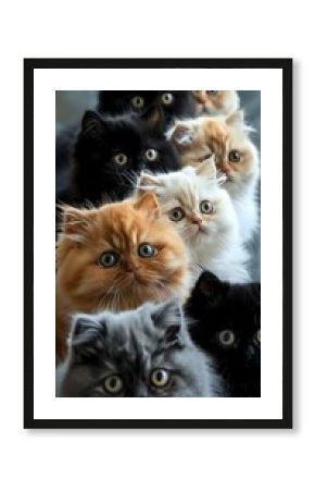 Group of Persian and Exotic cats with different coat colors looking at camera. Close up portrait of fluffy purebred kittens with big round eyes and flat faces.