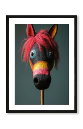 Front view of handmade felt hobby horse toy with button eyes and fuzzy red mane on wooden stick, symbolizing childhood creativity, fun, and soft toy crafting with personality.