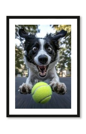 Happy dog jumps for a tennis ball in the park