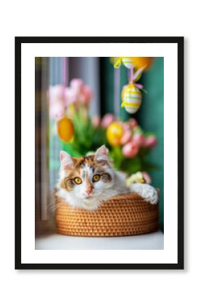 funny kitten lies in a basket on the windowsill among flowers and colorful Easter eggs