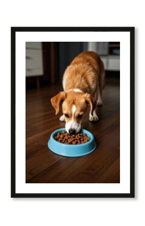 there is a dog eating out of a blue bowl on the floor