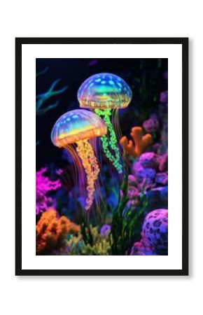 Mystical underwater scene with glowing jellyfish and vibrant coral reef in dreamy atmosphere