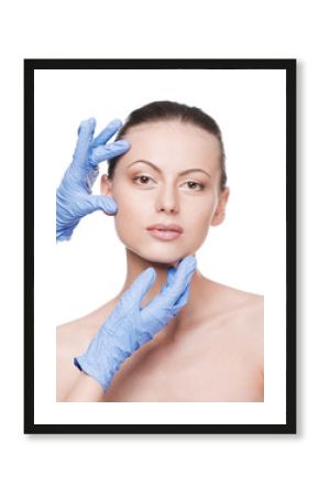 Beautician touch and exam health woman face