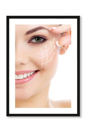 Cheerful female with fresh clear skin, white background