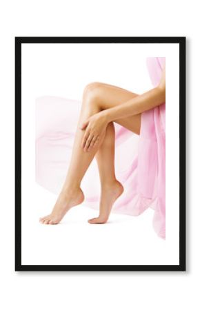 Woman Legs, Girl in Pink Cloth Fabric, Slim Leg Smooth Skin