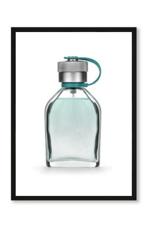 Men's perfume bottle closeup on a white background