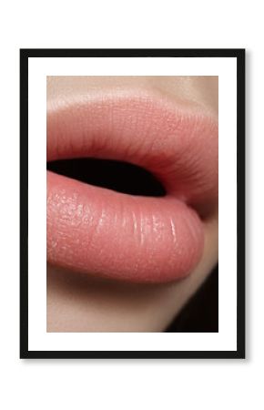 Perfect natural lip makeup. Close up macro photo with beautiful female mouth. Plump full lips. Close-up face detail. Perfect clean skin, light fresh lip make-up. Beautiful spa tender lip    