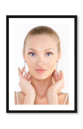 Beauty Spa Woman with perfect face skin Portrait. Beautiful blonde Isolated on white. Natural make-up, blue eyes, pink gloss on her lips, long eyelashes