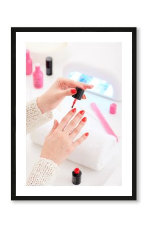 Manicure and hybrid nails painting process.