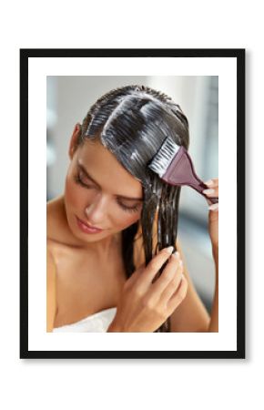 Hair Masks. Woman Applying Mask With Brush On Wet Long Hair