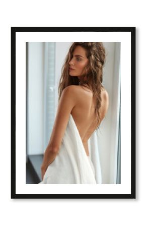 Beautiful Woman With Naked Back, Wet Hair And Skin After Bath
