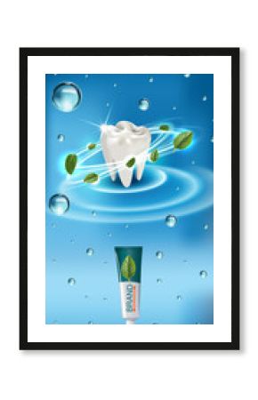 Antibacterial toothpaste ads. Vector 3d Illustration with toothpaste and mind leaves.