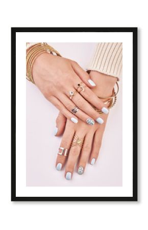 Female hands with manicure on a white background.