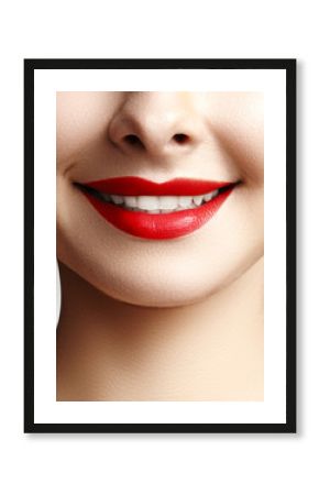 Wide smile of young beautiful woman, perfect healthy white teeth. Dental whitening, ortodont, care tooth and wellness