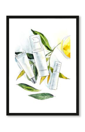 Isolated cosmetics products. Beauty salon. Phytotherapy. Watercolor hand drawn illustration