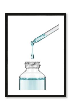 Drop falls from a pipette into a cosmetic bottle close-up on white background