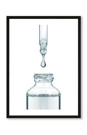 Drop falls from a pipette into a cosmetic bottle on white background