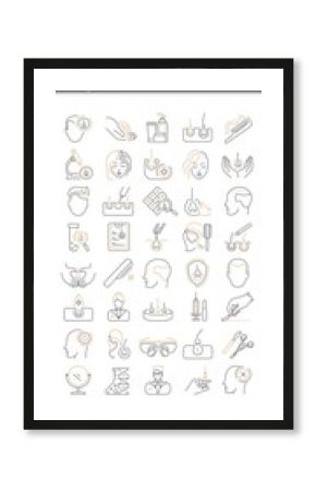 Vector graphic set. Icons in flat, contour, thin, minimal and linear design. Hair transplantation. Hairless men and women. Concept illustration for Web site. Sign, symbol, element.