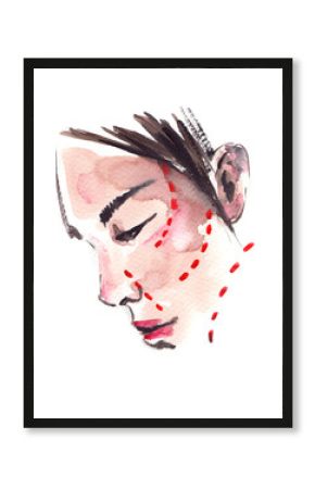 Portrait of sad Asian woman with scheme for plastic surgery drawn on her face. Painted in watercolor on clean white background
