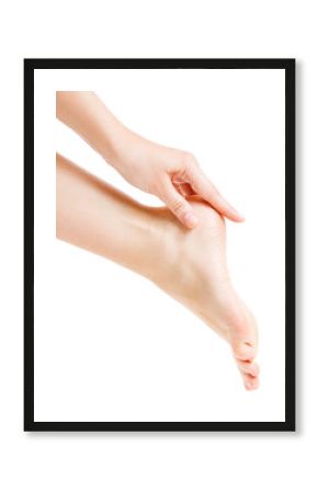 Foot Heel Skin Care, Woman Touch Healthy Feet Body by Hand, Leg Isolated over White Background