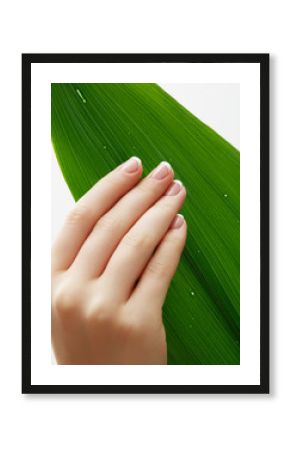 Closeup image of beautiful woman's hands with light pink french manicure on the nails. Skin care for hands, manicure and beauty treatment. Elegant and graceful hands with slender graceful fingers