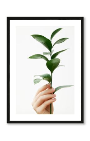 Beautiful delicate hands with manicure and green leaves, closeup isolated on white. Photo of a female hand at spa salon on manicure. Professional French manicure.