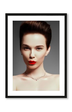 Beautiful girl with set jewelry. Woman in a necklace with a ring, earrings, crown. Accessories. Fashion portrait of young woman with jewelry and elegant hairstyle. Perfect makeup. Beauty style model