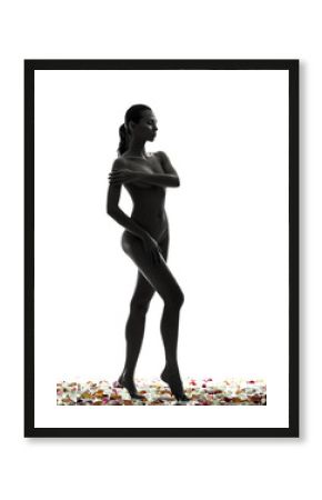 beautiful asian woman naked with flowers petal silhouette