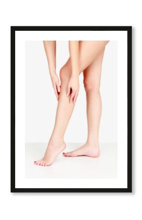 Female legs and hands, white background