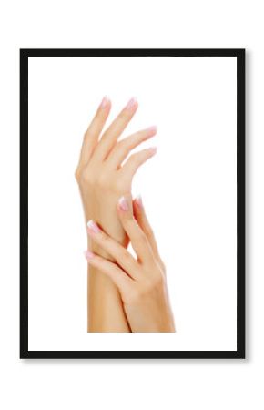 Female hands on white background