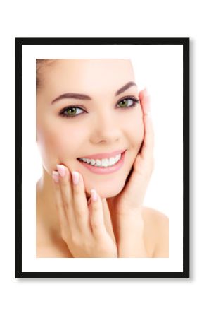 Cheerful female with fresh clear skin, white background