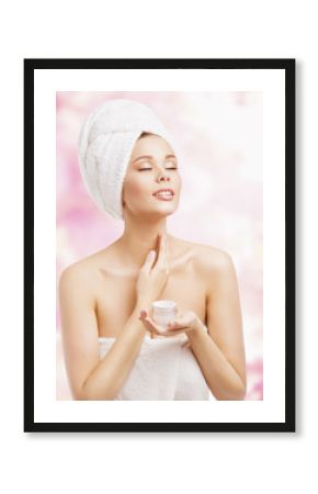 Skin Care, Woman Applying Cream in Bath Towel, Treatment Cosmetic