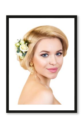 beauty portrait of a beautiful blonde with beautiful make-up isolated on white.