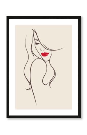 Beauty salon design. Portrait of pretty young woman with long beautiful eyelashes and bright red lips. Vector illustration