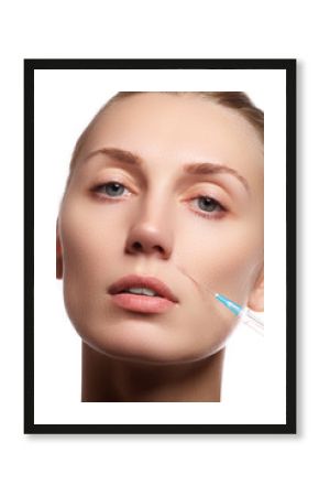 Portrait of young woman getting cosmetic injection. Closeup of beautiful woman gets injection in her face. Filler injections. Lip augmentation. Beautiful perfect lips