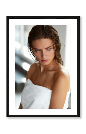 Body Care. Beautiful Woman With Wet Hair In Towel After Bath
