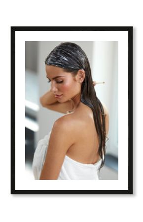 Beautiful Woman Putting Mask On Long Wet Hair. Hairbrushing