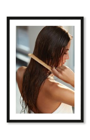 Beautiful Woman Hairbrushing Her Long Wet Hair. Hair Care