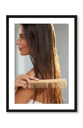 Beautiful Woman Hairbrushing Her Long Wet Hair. Hair Care