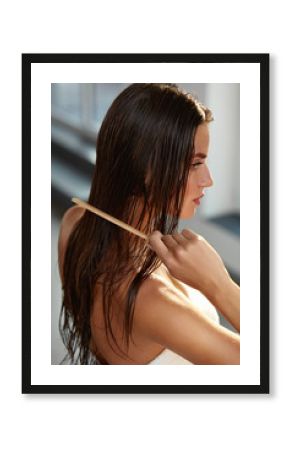 Beautiful Woman Hairbrushing Her Long Wet Hair. Hair Care